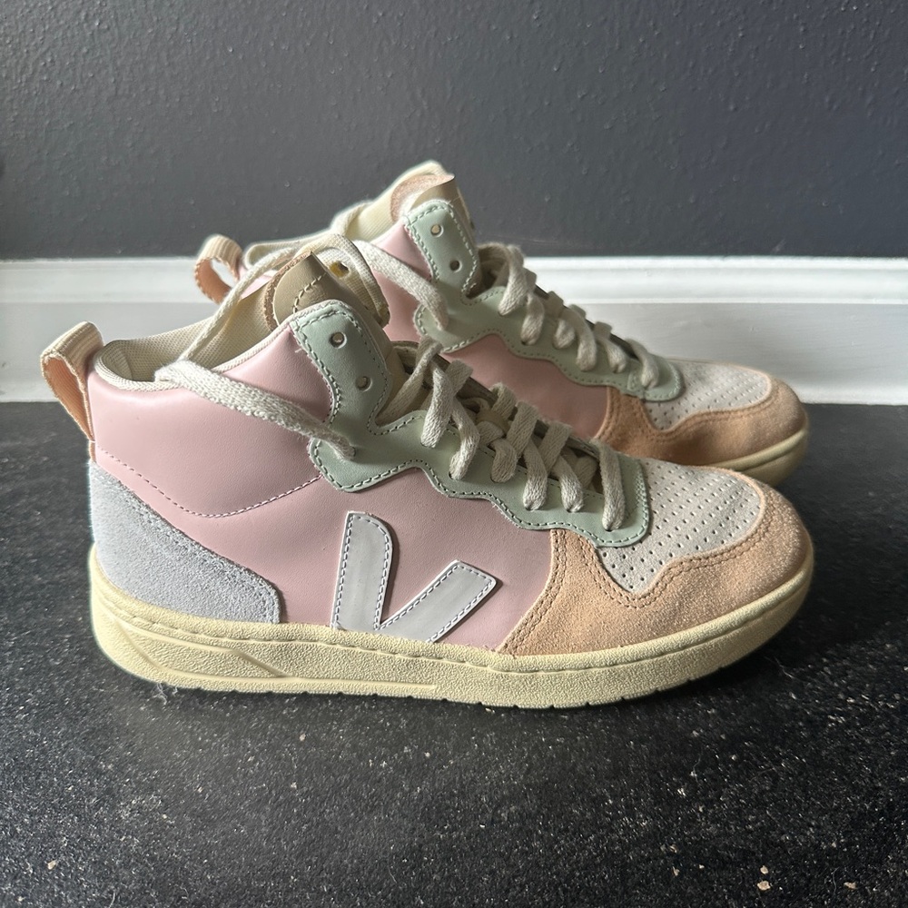 Veja Women's V15 leather high top sneakers in “petale” pink sherbet multicolor